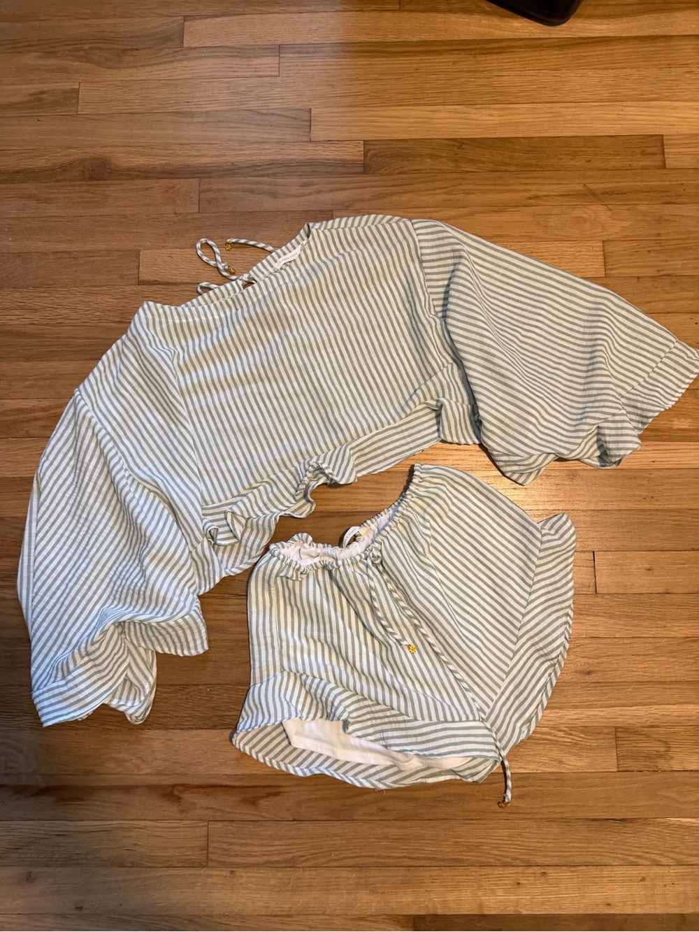 Altar'd State Sage Green Striped Ruffle Hem Drawstring Shorts - Picture 2 of 5